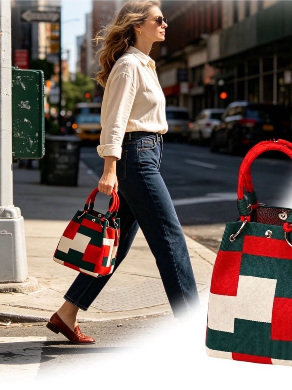 Colorblock Knitted Retro Bucket Handbag Tote NEW